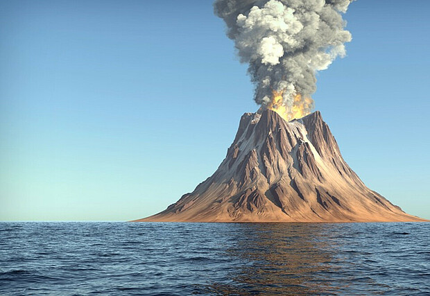 Vulkanische Asche und Stäube trüben das Sonnenlicht, i-Stockphoto Einzelner Vulkan im Meer mit Rauchsäule und Feuerschein