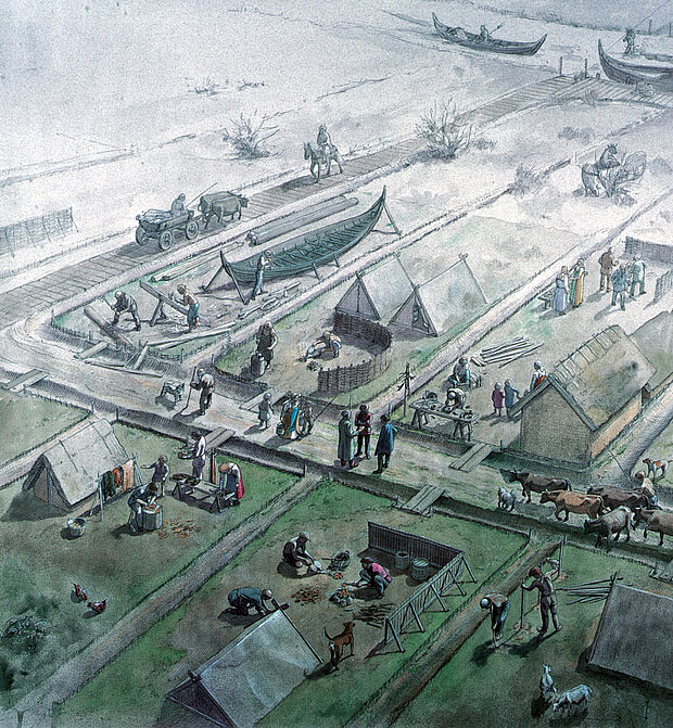 Zeichnung eines frühmittelalterlichen Marktplatzes, mit Handwerkern und Händlern in einer kleinen Hafenstadt