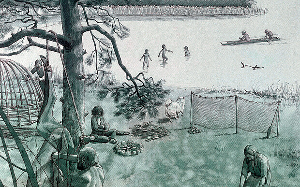 Lebensbild Mesolithische Fischer (8000 v. Chr.): Grafik Flemming Bau, https://bau.nu Colorierte Zeichnung die das Leben am Ufer eines Sees vor etwa 10.000 Jahren zeigen soll, man sieht eine Feuerstelle, netze und Fischereizubehör, badende Kinder und einen Einbaum.